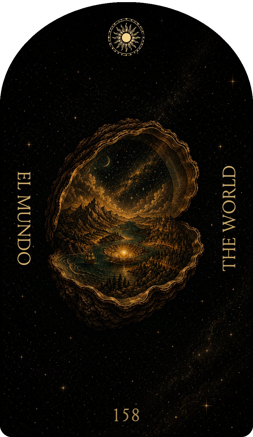 The World (El Mundo), card 158 — an Enjoy card from the Flower & Song Oracle