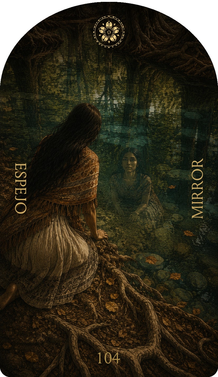 Mirror (Espejo), card 104 — a Focus card from the Flower & Song Oracle