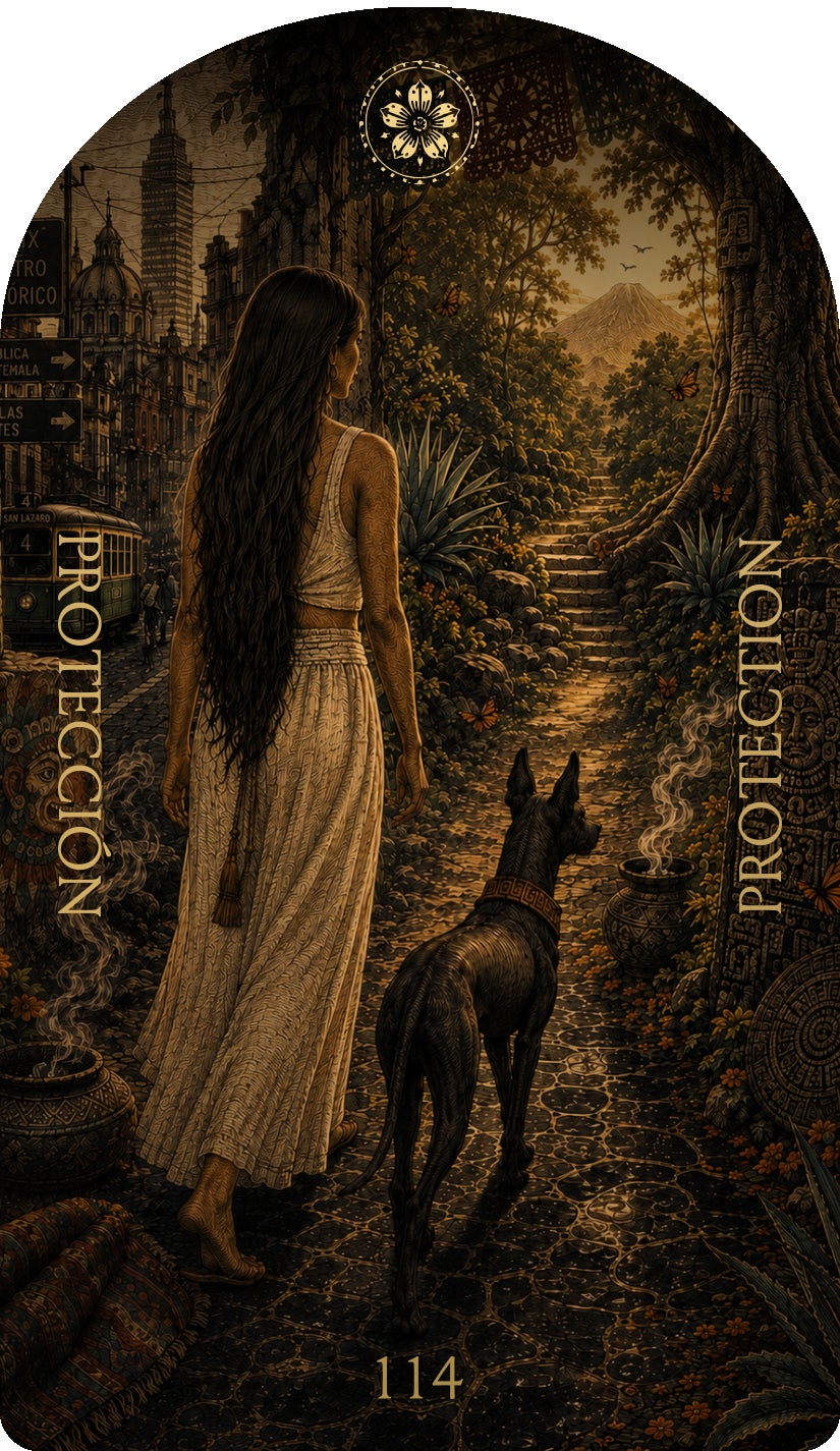 Protection (Protección), card 114 — a Focus card from the Flower & Song Oracle
