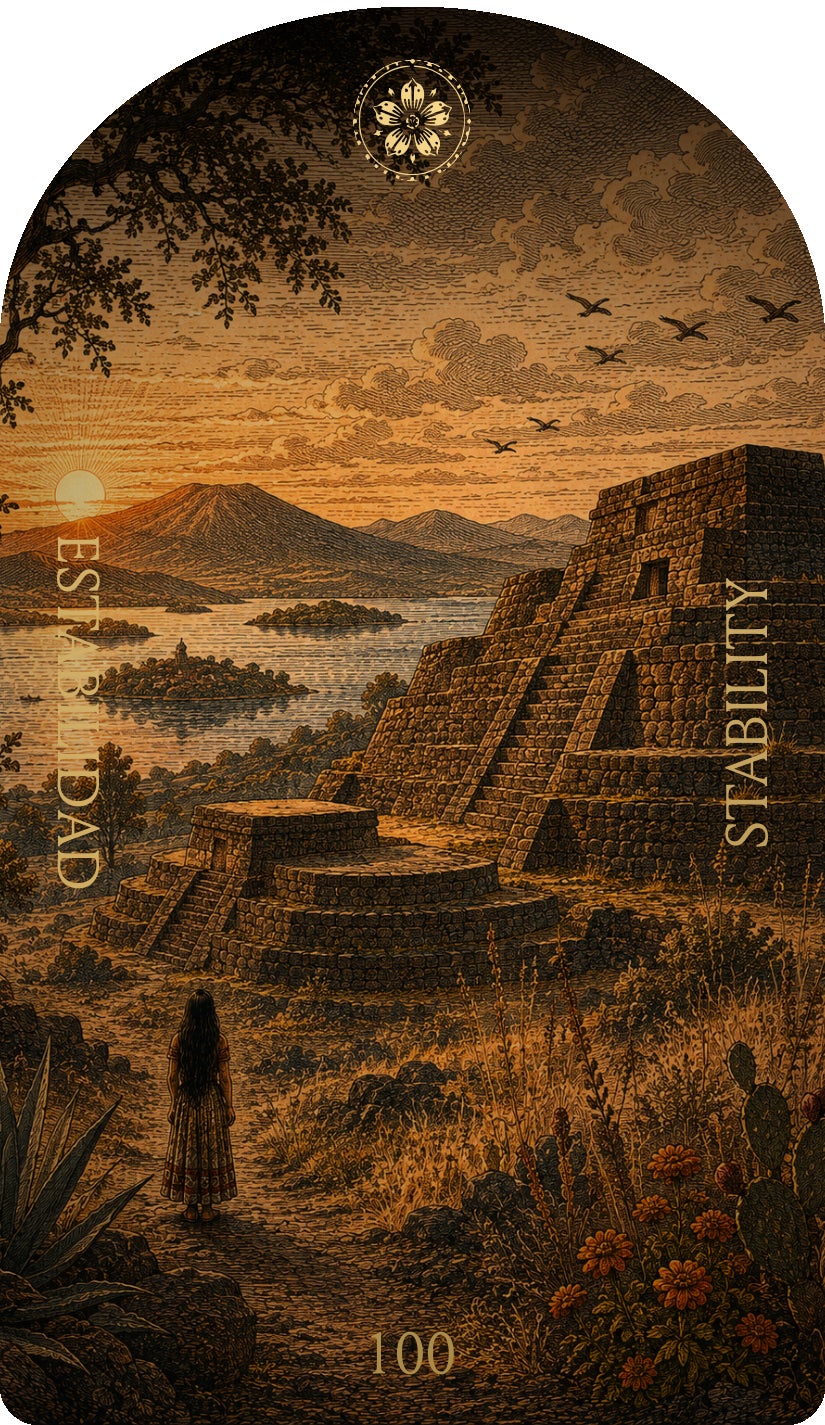 Stability (Estabilidad), card 100 — a Focus card from the Flower & Song Oracle