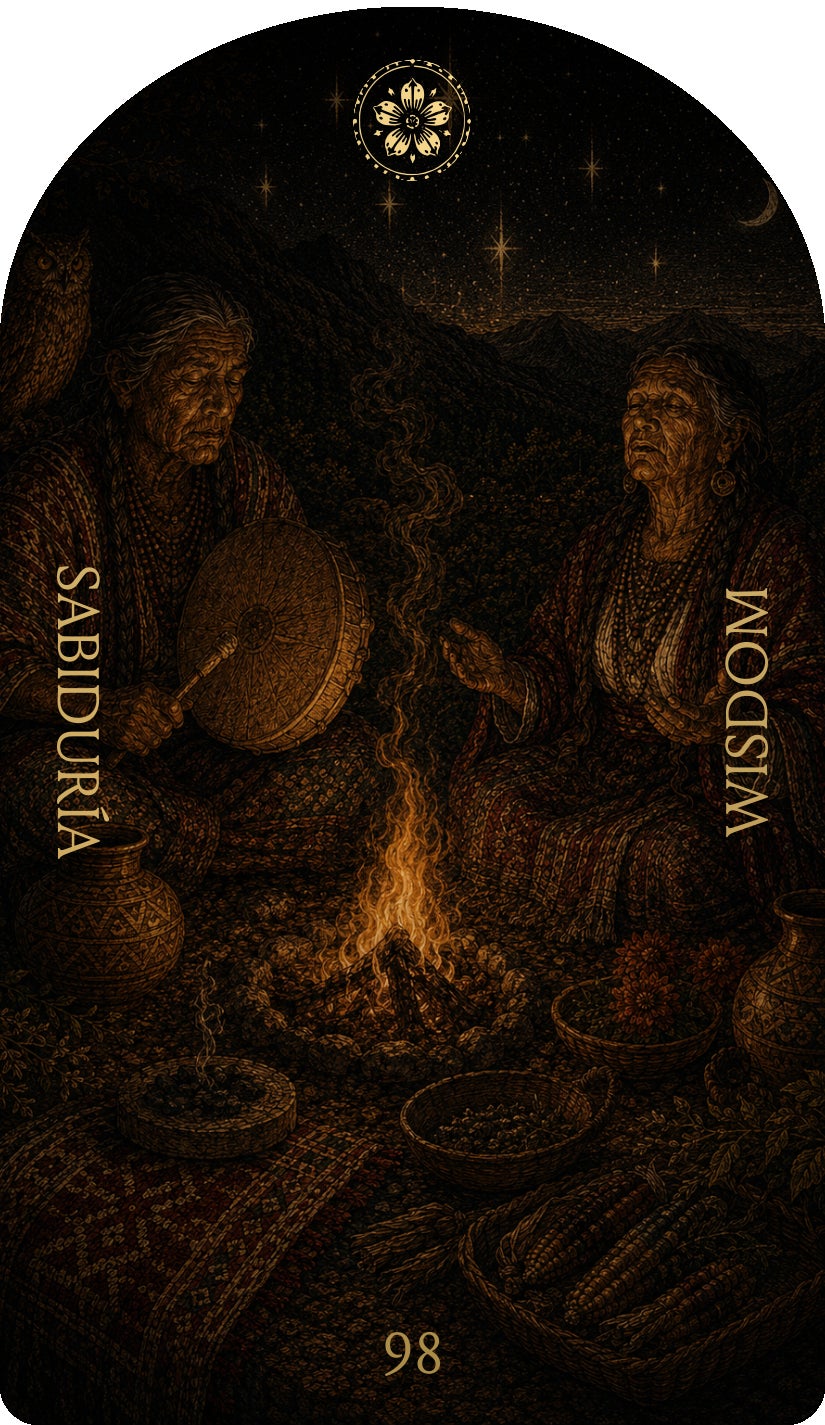 Wisdom (Sabiduría), card 98 — a Focus card from the Flower & Song Oracle