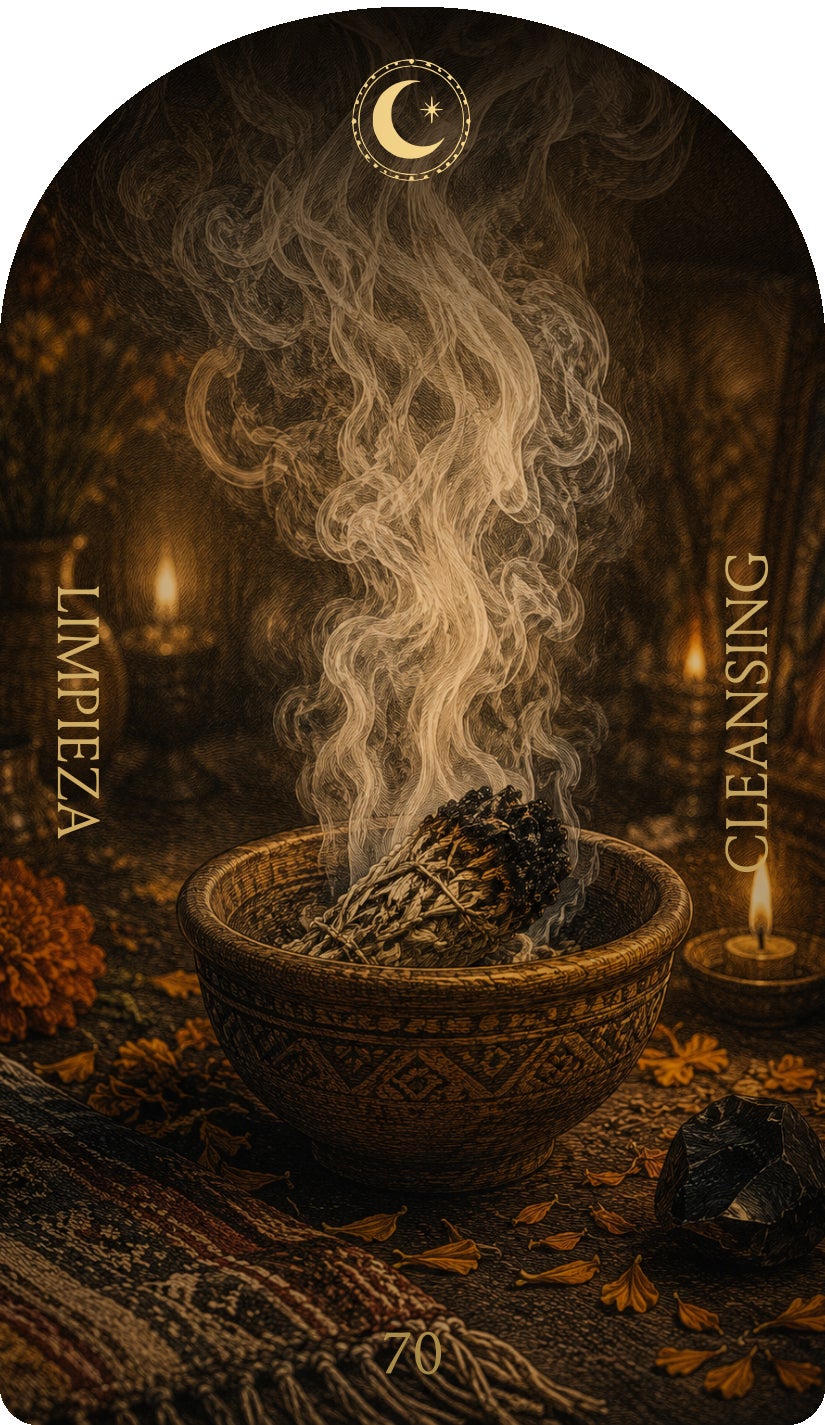 Cleansing (Limpieza), card 70 — a Rest card from the Flower & Song Oracle