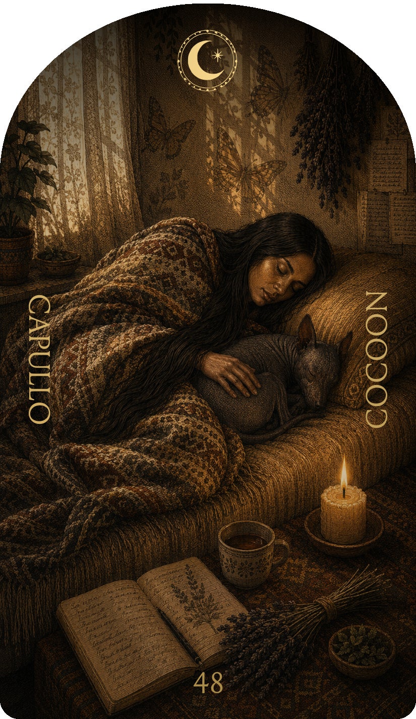 Cocoon (Capullo), card 48 — a Rest card from the Flower & Song Oracle
