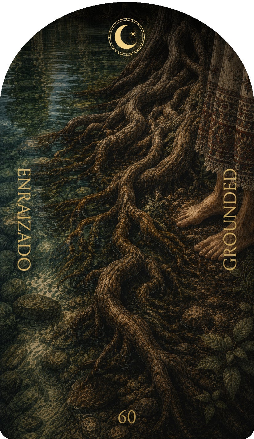 Grounded (Enraizado), card 60 — a Rest card from the Flower & Song Oracle