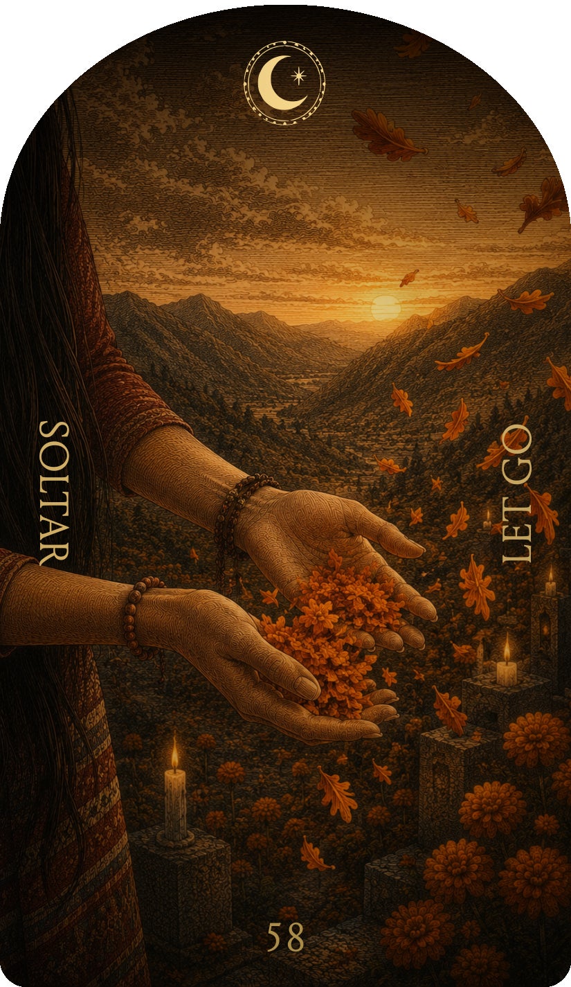 Let Go (Soltar), card 58 — a Rest card from the Flower & Song Oracle