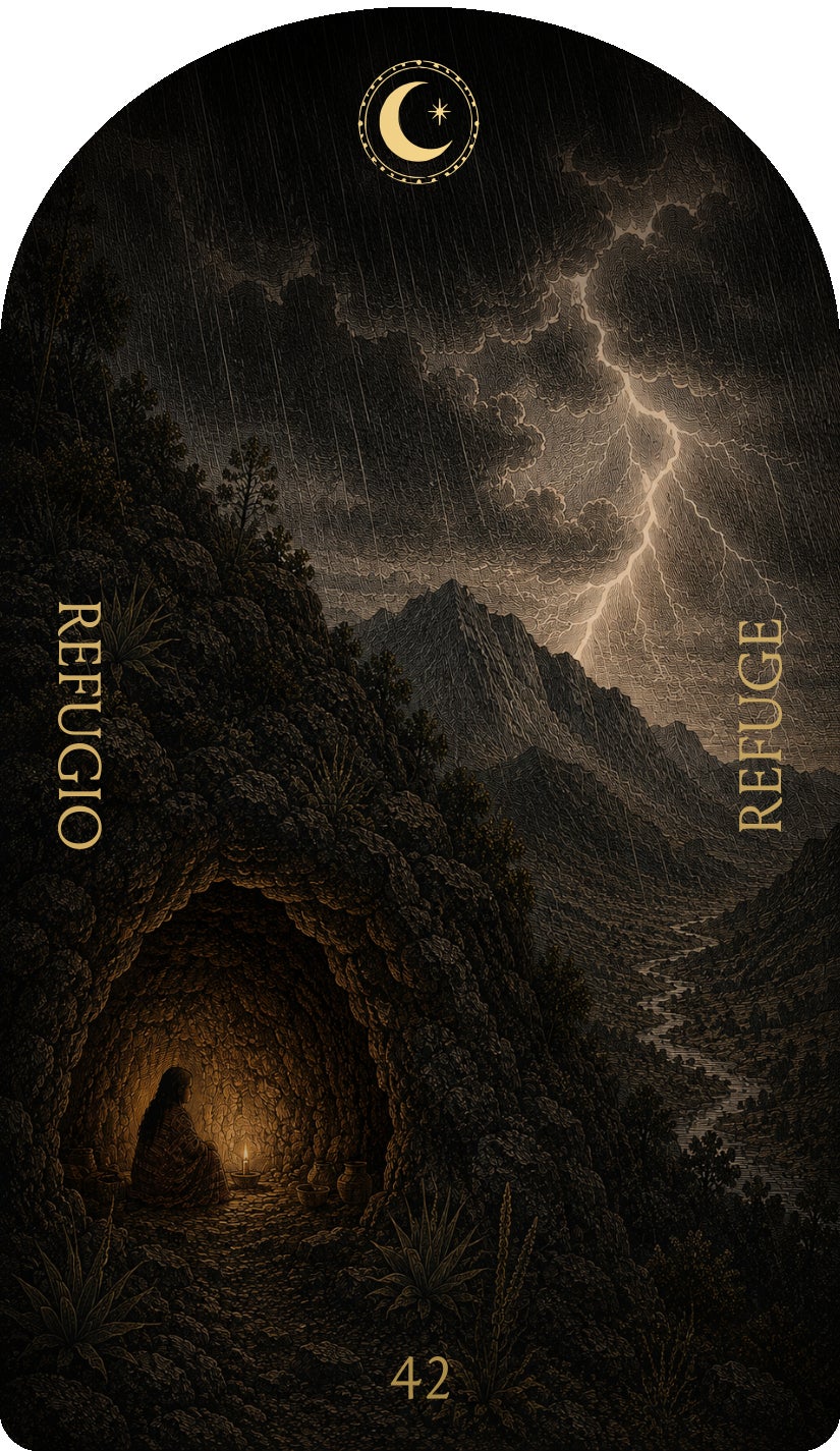 Refuge (Refugio), card 42 — a Rest card from the Flower & Song Oracle