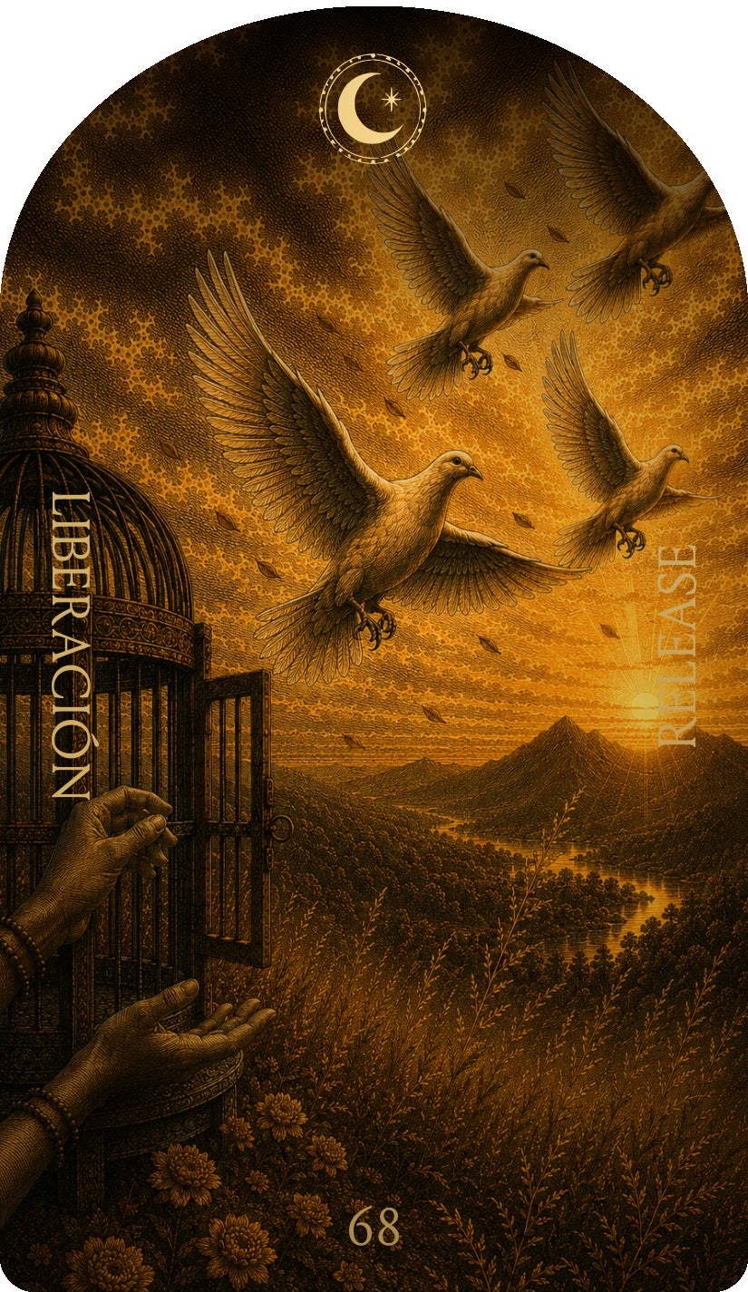Release (Liberación), card 68 — a Rest card from the Flower & Song Oracle