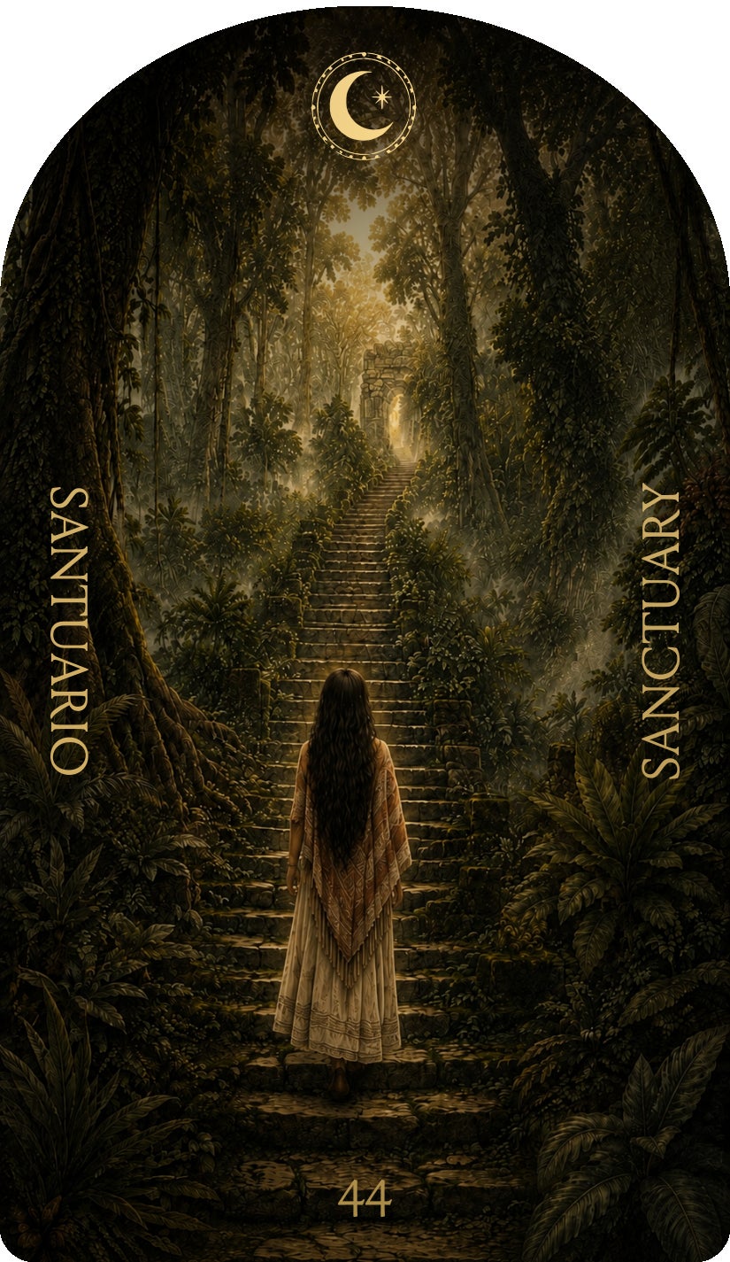 Sanctuary (Santuario), card 44 — a Rest card from the Flower & Song Oracle
