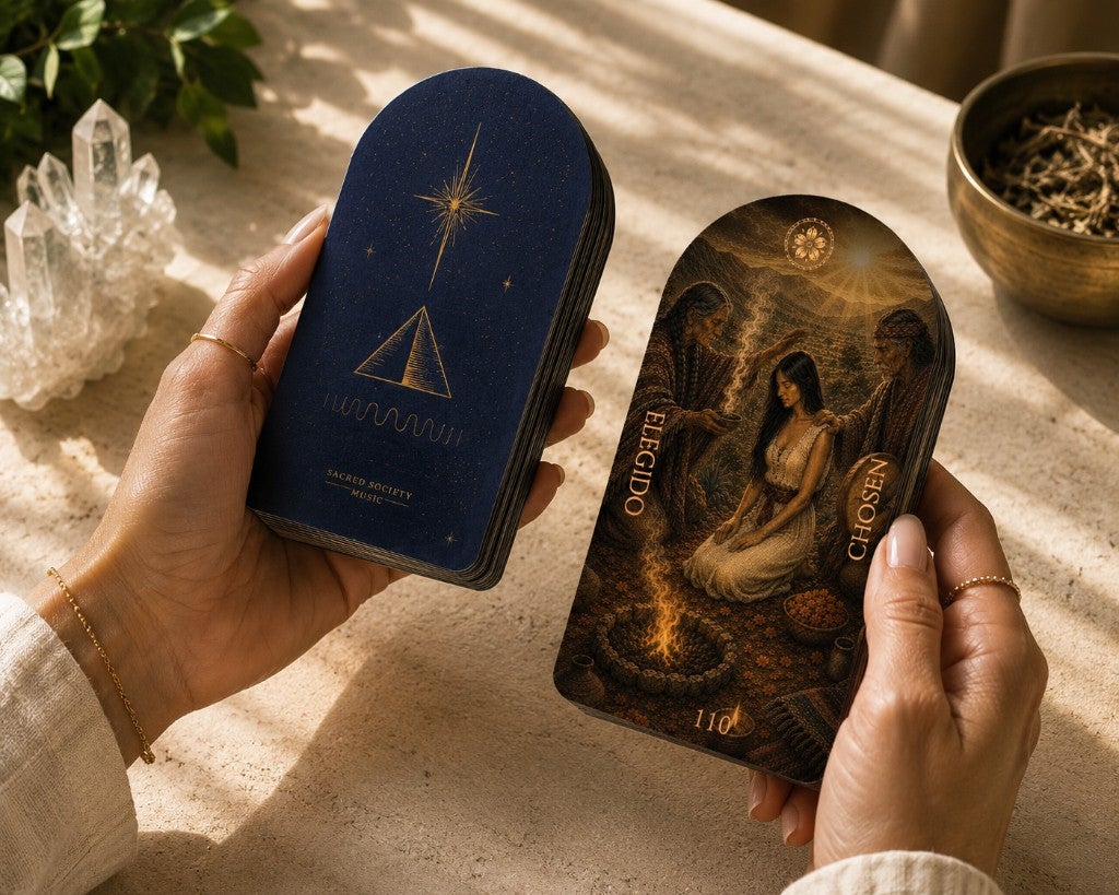 Two hands holding the Flower & Song deck: the navy star-and-pyramid card back in one hand and the Chosen card face in the other, in warm sunlight.