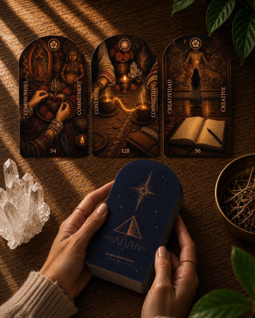 Three Flower & Song oracle cards — Commitment, Connection, and Creative — laid on a wooden table above a pair of hands holding the navy deck, card backs up.