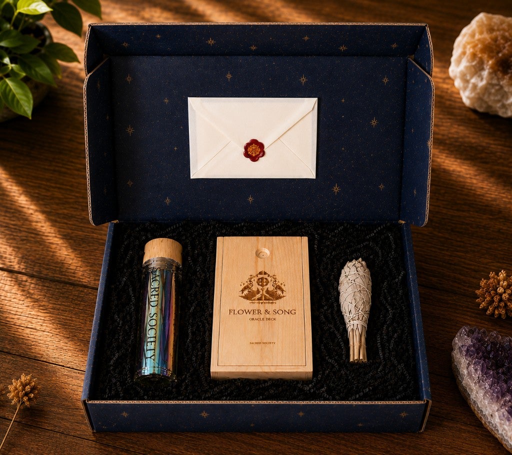 The Toci Box open on a wooden table: a navy star-patterned box holding a sealed cream envelope, a Sacred Society glass bottle, the Flower & Song Oracle Deck in its engraved wooden case, and a bundle of sage.